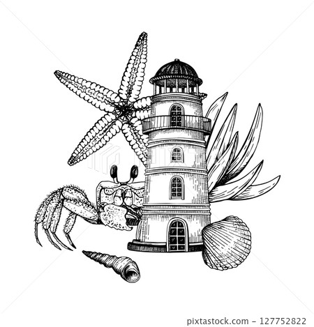 Black and white vector illustration. Seaside composition with a lighthouse, a crab, a starfish, shells, coastal plants. Hand drawn graphic sketch isolated on white. Perfect for maritime design. 127752822