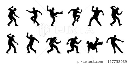 Black silhouettes of dancing men in energetic poses, isolated on white background, graphic illustration. concept of dance, movement, fun, design element, icon, breakdance, hip hop 127752989