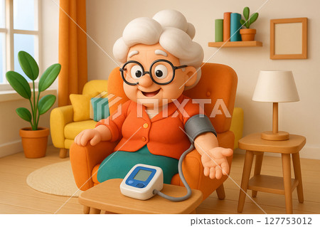 Elderly woman measuring blood pressure at home with digital tonometer in cozy living room setting. concept of health monitoring, senior care, comfortable lifestyle 127753012