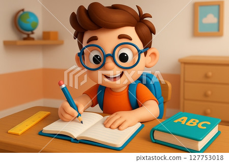 Young boy with glasses writing in notebook at desk in colorful classroom scene. concept of learning, studying, education, childhood creativity. 127753018
