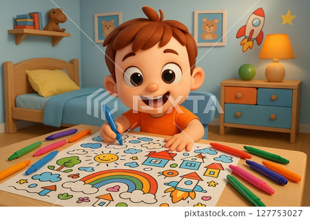 Cartoon boy drawing colorful picture with markers while sitting at table in cozy kids bedroom. Concept of creativity, childhood development, fun indoor activity, learning through art 127753027