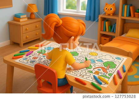 Young girl coloring a detailed picture at a wooden table in a cozy bedroom with crayons. concept of creativity, childhood art, indoor play. 127753028