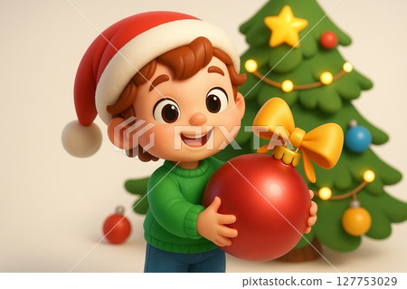 Smiling child holding christmas ornament with decorated tree in background. concept of festive holiday cheer, joyful celebration, cute seasonal tradition 127753029