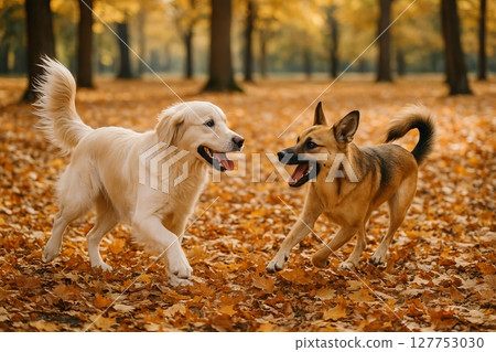Dogs playing in an autumn park with falling leaves during a sunny day. concept of outdoor fun, happy pets, seasonal landscape 127753030