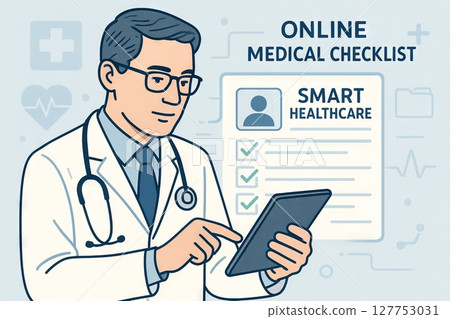 male doctor reviewing online medical checklist on tablet in smart healthcare system illustration. concept of digital health, modern technology, medical professional. 127753031