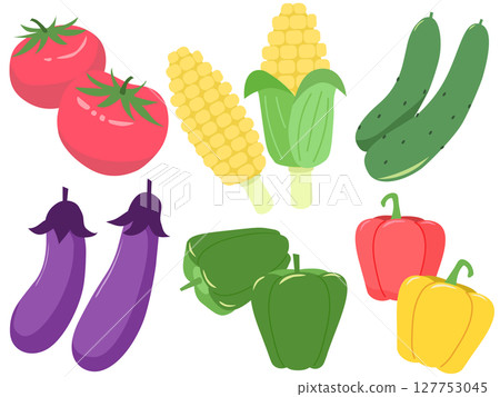 夏季蔬菜插圖集:番茄、玉米、黃瓜、茄子、胡椒、辣椒粉、向量插圖 夏季蔬菜插圖集:番茄、玉米、黃瓜、茄子、胡椒、辣椒粉、向量插圖 127753045