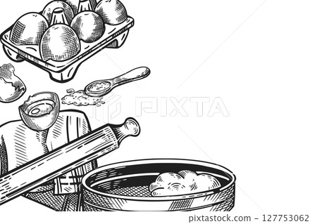 Cooking, baking, dough. A sieve with flour, a rolling pin, a towel, a chicken egg, a cell with eggs, a spoon with sugar. Illustration is suitable for designing recipes, printing on fabric, paper. 127753062