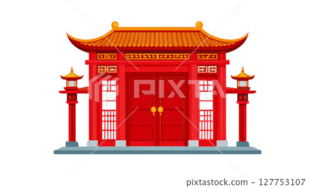 Ancient Chinese temple architecture stands out with its traditional roof on a white background. Ancient Chinese temple architecture stands out with its traditional roof on a white background. 127753107