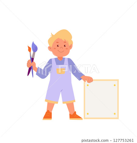 Cartoon cute boy artist holding paintbrush and canvas. Funny cartoon character. Concept of childrens art and design school 127753261