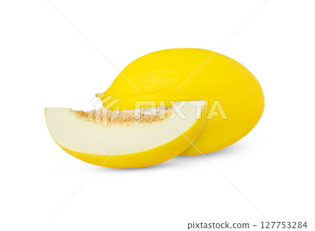 Yellow ripe canary melon and a cut in slice isolated. 127753284
