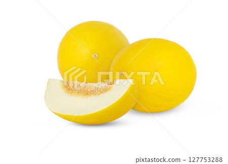 Two yellow ripe melons and a slice isolated. Canary melon and a cut in slice isolated. Two yellow ripe melons and a slice isolated. Canary melon and a cut in slice isolated. 127753288