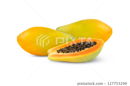 Colorful sweet papayas and a half of ripe papaya fruit with seeds isolated. 127753299