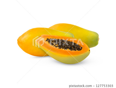 Ripe papaya fruit and a cut isolated. Papayas fruits and a half with seeds isolated. 127753303