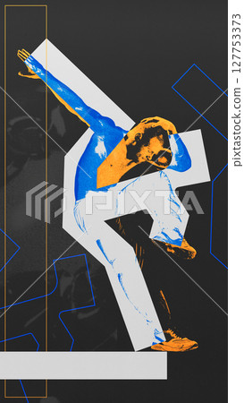 Silhouette and shape. Brutalist illustration of dynamic modern dance pose in vibrant blue and orange 127753373