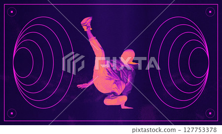 Street energy. Neon brutalist hip-hop dancer in energetic motion with abstract shapes. Graphic design Street energy. Neon brutalist hip-hop dancer in energetic motion with abstract shapes. Graphic design 127753378