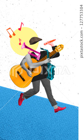 Surreal cutout composition. Faceless street musician with trumpet and notes. Poster, flyer Surreal cutout composition. Faceless street musician with trumpet and notes. Poster, flyer 127753384