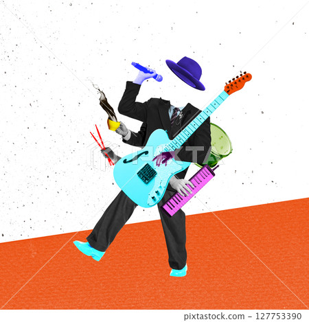 Energetic cutout collage. Faceless musician with coffee and instruments in dynamic pose 127753390