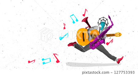 Cutout composition. Energetic surreal musician running with guitar, saxophone, trumpet, tambourine Cutout composition. Energetic surreal musician running with guitar, saxophone, trumpet, tambourine 127753393