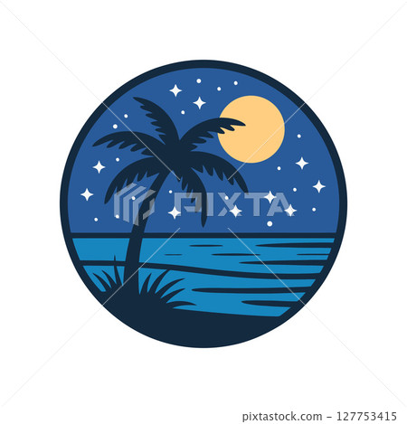 Beach night with coconut palm tree on circle Beach night with coconut palm tree on circle 127753415