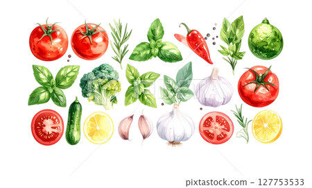 Fresh red tomatoes, organic garlic and bright red bell peppers isolated on white. 127753533