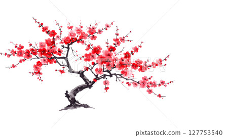 A vibrant red paint splash forms a blossoming cherry tree branch, an artistic fusion of nature and love 127753540