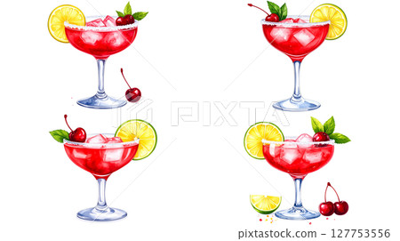 Set of various alcoholic cocktails in glasses with ice, fruits and juices isolated on white background. Set of various alcoholic cocktails in glasses with ice, fruits and juices isolated on white background. 127753556
