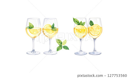 Fresh lemon slices in juice. Healthy organic citrus fruit rich in vitamin C isolated on white background 127753560