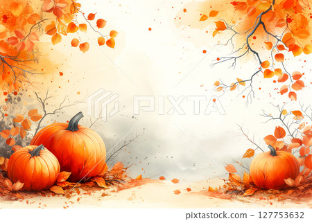Autumn background with pumpkins and falling leaves. Autumn background with pumpkins and falling leaves. 127753632