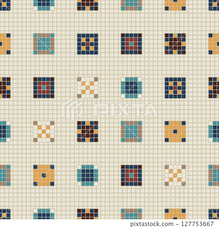 Vibrant pixel art mosaic seamless pattern, geometric design. Traditional tilework through decorative square elements, vector background Vibrant pixel art mosaic seamless pattern, geometric design. Traditional tilework through decorative square elements, vector background 127753667