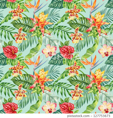 Tropical seamless pattern with watercolor orchids anthuriums bird of paradise and jungle leaves for wallpaper, background, texture 127753673