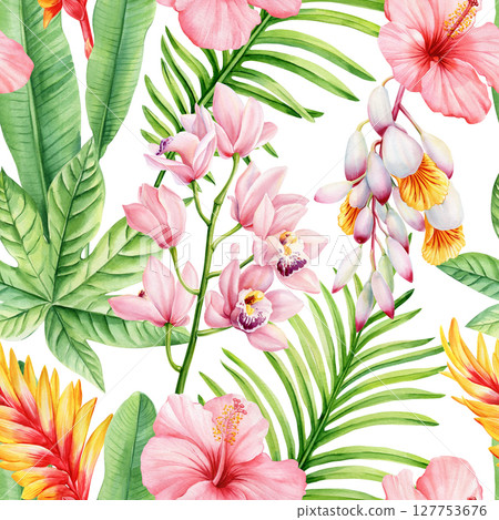 Tropical floral seamless pattern with pink hibiscus orchids palm leaves and ginger flowers Vintage exotic background for design 127753676