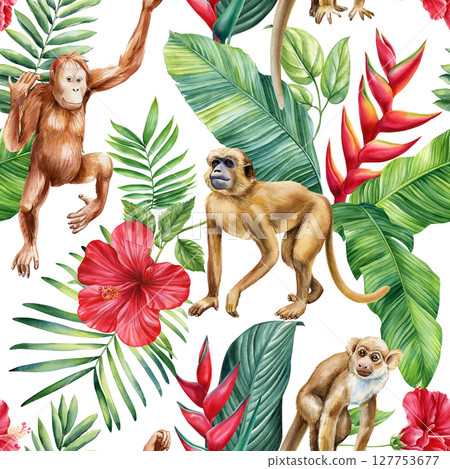 Watercolor seamless jungle pattern with monkeys hibiscus flowers heliconia and tropical green leaves for design. Cute animals 127753677