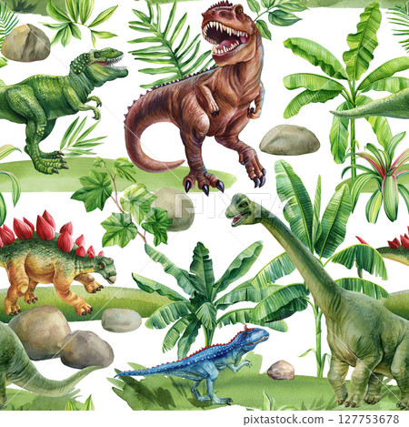 Tropical seamless dinosaur pattern with tyrannosaurus stegosaurs palm leaves and prehistoric plants vintage textile print 127753678