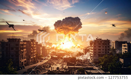 遭受空襲的特大城市影像（人工智慧產生的影像） 127753755