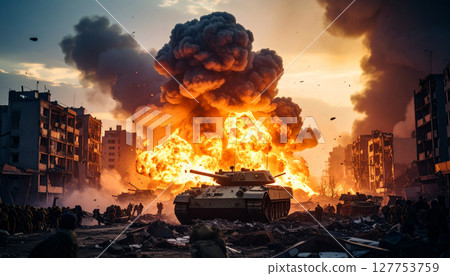 Image of a battlefield engulfed in flames (AI-generated image) Image of a battlefield engulfed in flames (AI-generated image) 127753759