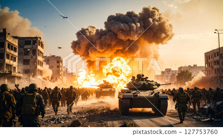 Image of a battlefield engulfed in flames (AI-generated image) 127753760