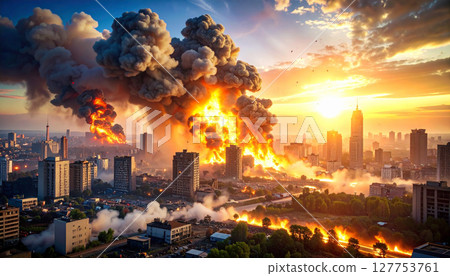 Image of a megacity under air raids (AI-generated image) 127753761