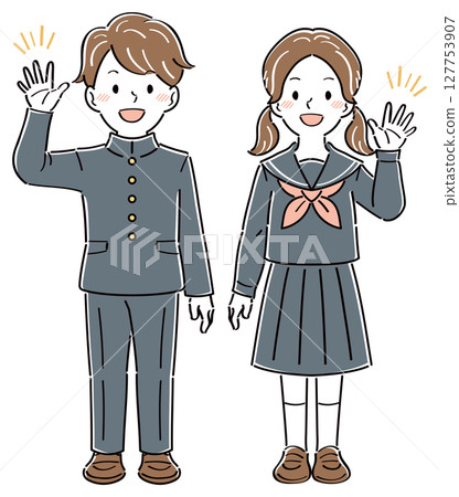 Illustration of male and female students in uniforms smiling and waving, full body 127753907