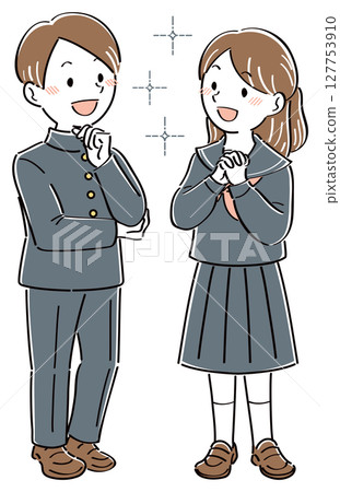 Illustration of male and female students in uniform talking about their dreams and aspirations, full body Illustration of male and female students in uniform talking about their dreams and aspirations, full body 127753910
