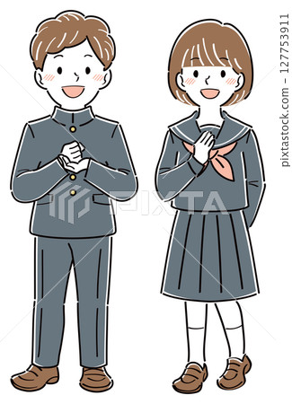 Illustration of male and female students in uniforms who are satisfied with the solution, full body Illustration of male and female students in uniforms who are satisfied with the solution, full body 127753911