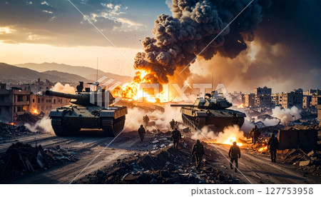 Image of a battlefield engulfed in flames (AI-generated image) 127753958