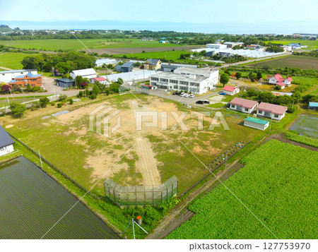 初夏時節北海道八雲町東野小學的鳥瞰圖 127753970