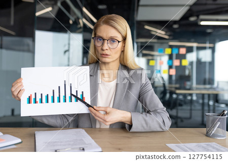 A serious businesswoman presents financial data with a pointer in an office setting, showing a graph. She wears glasses and a suit. 127754115
