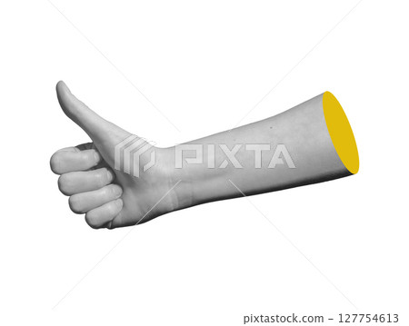 Thumb up hand gesture in approval and acceptance position, showing consent, support, and agreement. 127754613