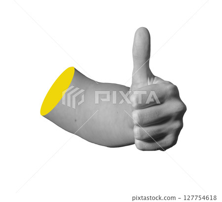 Thumb up hand gesture showing support, consent, and acceptance in election and voting. Female arm 127754618