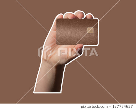 Card and payment. Female cardholder holding plastic bankcard in hand, ready to pay or transfer, 127754637