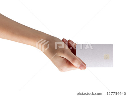 Card in hand. Female customer holding bankcard for payment, finance, shopping, smart service, secure 127754640