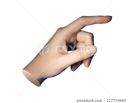 Finger pointing gesture with forefinger and thumb in interactive tap pose. Female hand showing Finger pointing gesture with forefinger and thumb in interactive tap pose. Female hand showing 127754684