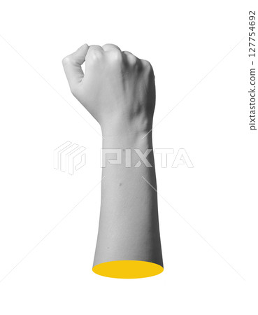 Fist raised in protest. Clenched hand, arm in resistance pose, activism and demonstration sign. 127754692