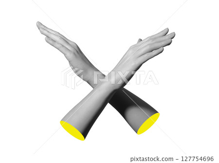 Hand crossed gesture with fingers expressing refusal, prohibition, and rejection. Female arm showing Hand crossed gesture with fingers expressing refusal, prohibition, and rejection. Female arm showing 127754696
